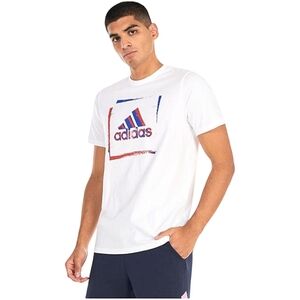 Adidas Men's White T-Shirt with Red and Blue Logo